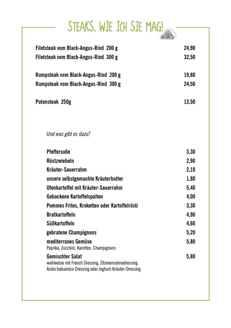 Speisekarte Steaks Gasthaus Gerland