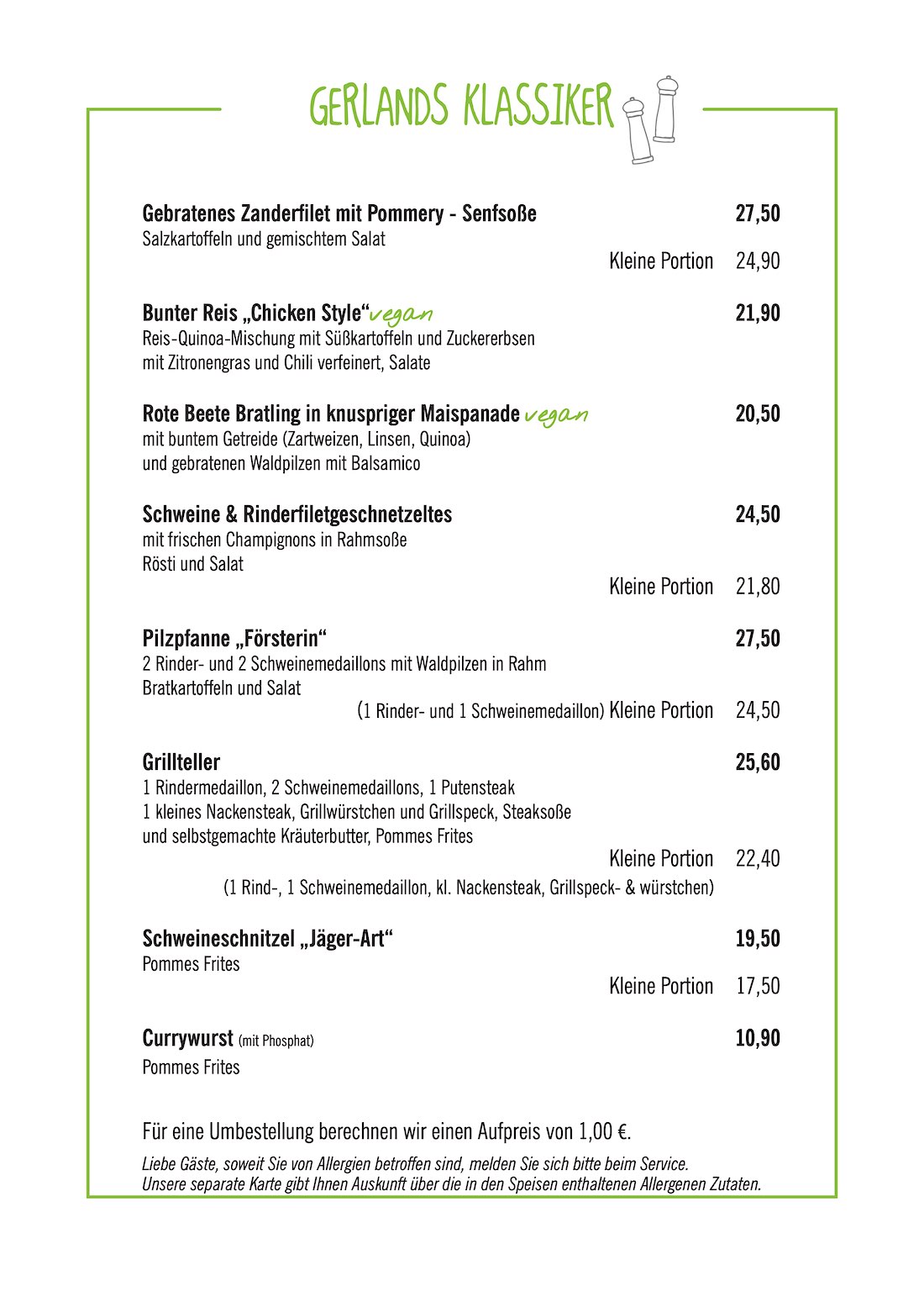 Speisekarte Klassiker