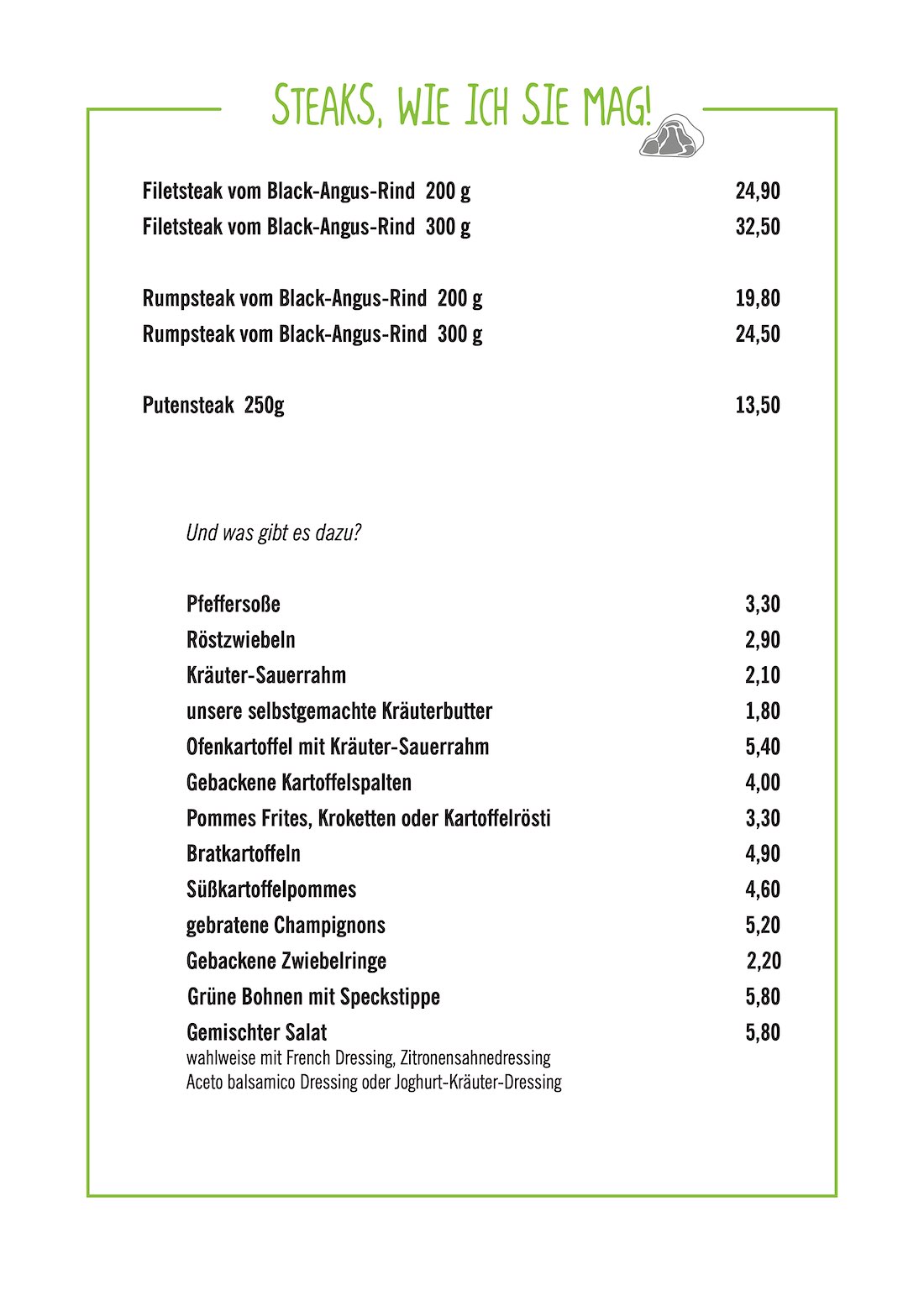 Speisekarte Steaks Gasthaus Gerland