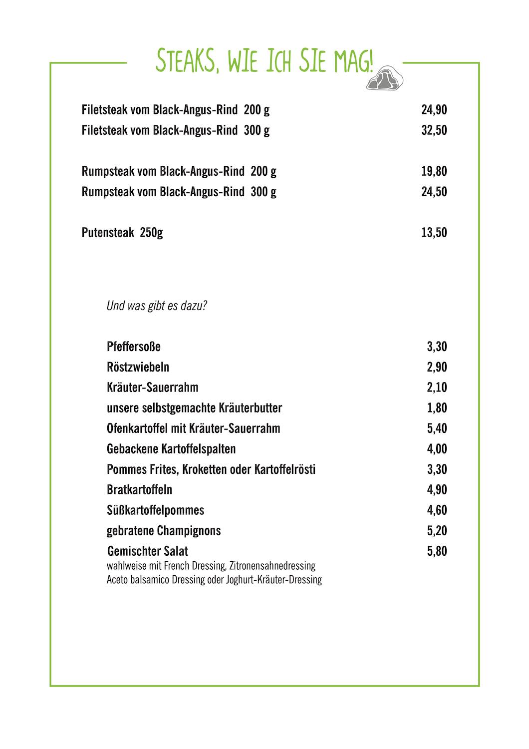 Speisekarte Steaks Gasthaus Gerland